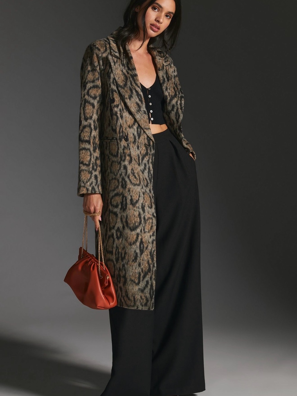 Avec Les Filles Double Breasted Leopard Print Long Coat